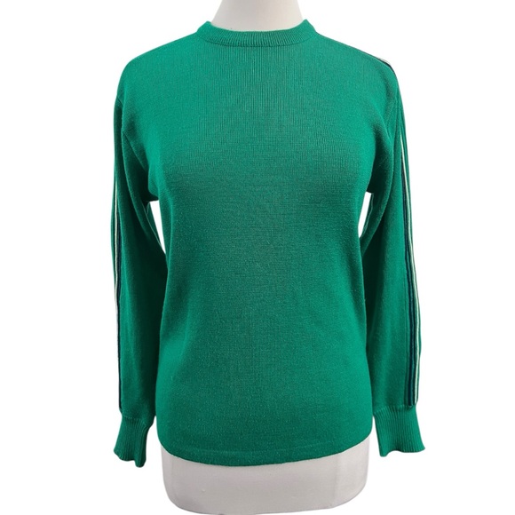 Vintage Unisex Meister Kelly Green Racing Stripe Ski Sweater Crewneck Pullover - Picture 2 of 8